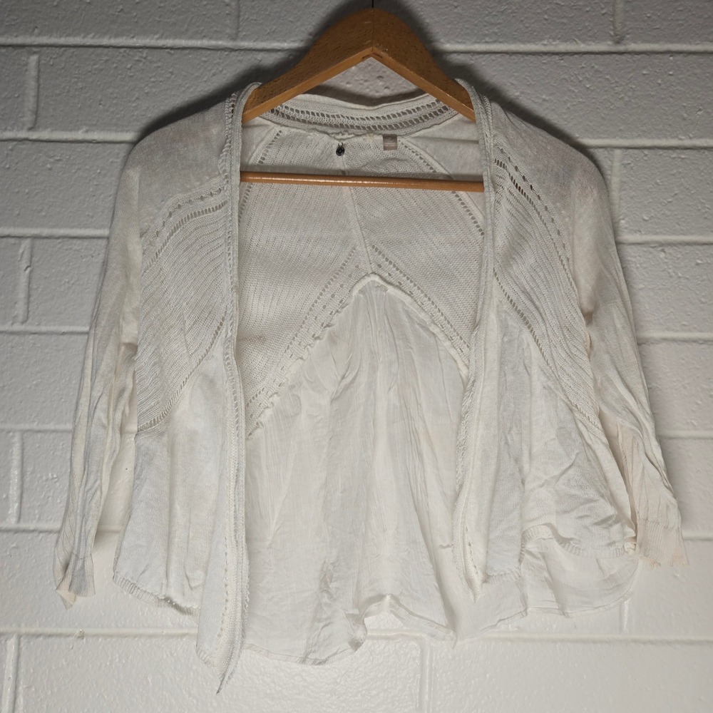 Knitted & Knotted Anthropologie Cardigan Medium White Linen Blend Shrug Angel